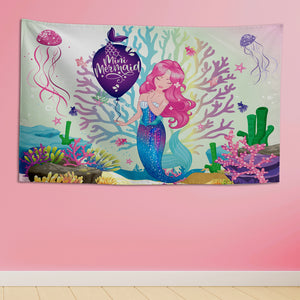 Birthday Fabric Backdrop Mermaid theme - خلفية عيد ميلاد قماش تصميم ميرميد