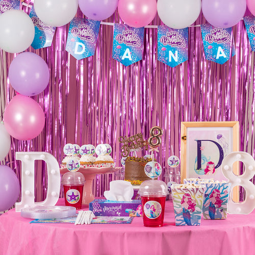 Mermaid Birthday Set of 11 items and Pink Glittering Tassels Backdrop  - مجموعة عيد ميلاد من ١١ عنصرميرميد و خلفية شراشييب لامعة وردي