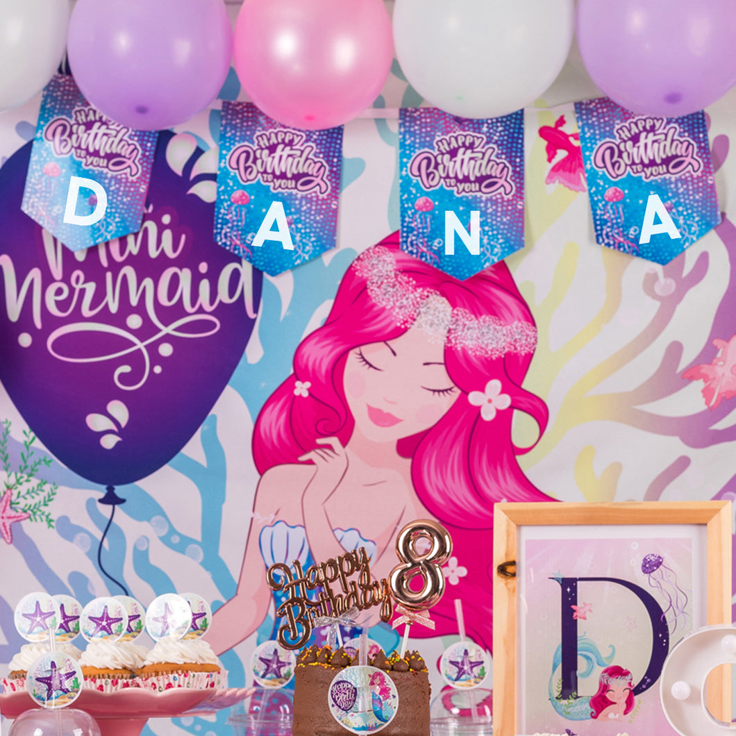 Birthday Party Mermaid Flag Bunting Customized -  زينة أعلام معلقة بتصميم ميرميد باسم طفلك