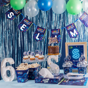 Gamer Birthday Set of 11 items and Blue Glittering Tassels Backdrop  - مجموعة عيد ميلاد من ١١ عنصر جيمر و خلفية شراشييب لامعة أزرق
