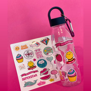 Bottle- Safety plastic "IKEA" 500 ml - with metal chain and girly stickers